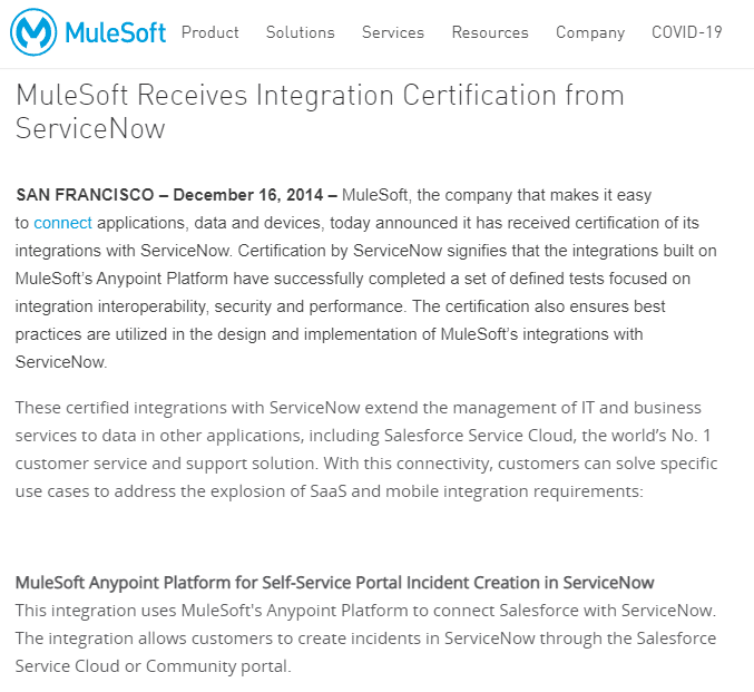 MuleSoft Receives Integration Certification from ServiceNow