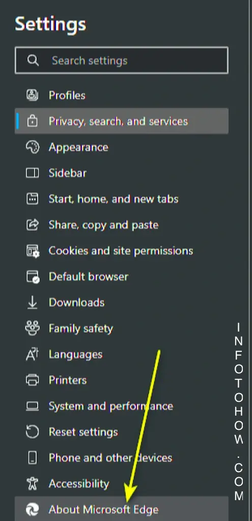 SELECTING “ABOUT MICROSOFT EDGE”