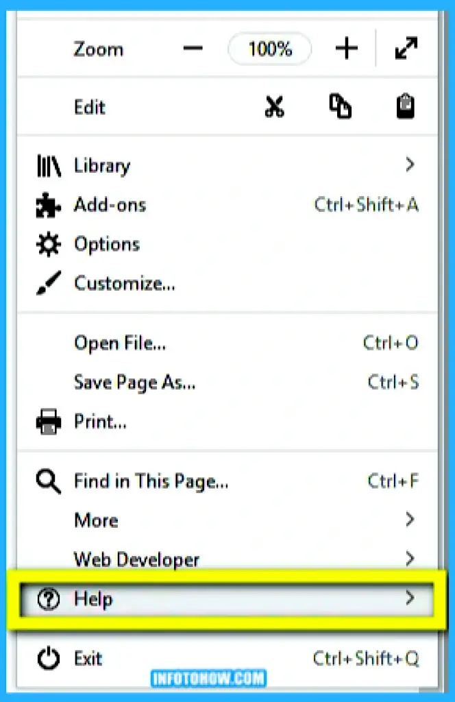Selecting "Help" on Firefox