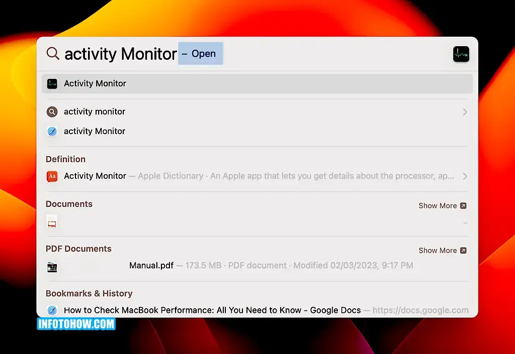 Typing Activity Monitor in Spotlight Search Window